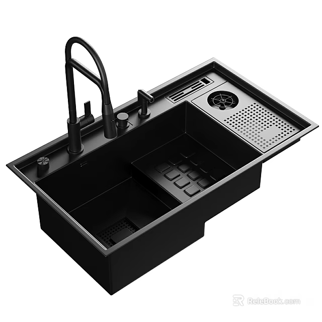Black Modern Kitchen Sink With Faucet Drain And Drying Rack Design 3d model 