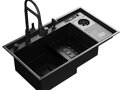 Black Modern Kitchen Sink With Faucet Drain And Drying Rack Design 3d model