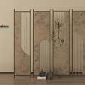 Chinese Style Four Panel Wooden Screen With Bamboo Leaf Pattern And Geometric Cutout Design 3d model