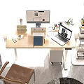 Bright Modern Study Room With Wooden Desk Computer Monitor Bookshelf And Green Plant