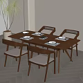 Wooden Dining Table With Four Chairs Plates Potted Plant Light Colored Walls And Wooden Floor