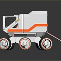 White and Orange Futuristic Exploration Vehicle With Large Wheels And Transparent Cockpit