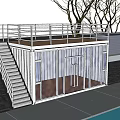 White Container Building With Top Railing Staircase Glass Doors And Wooden Floor