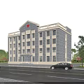 School Building with Red Star Top Gray Brick Exterior Multi Story Surrounding Trees Front Road