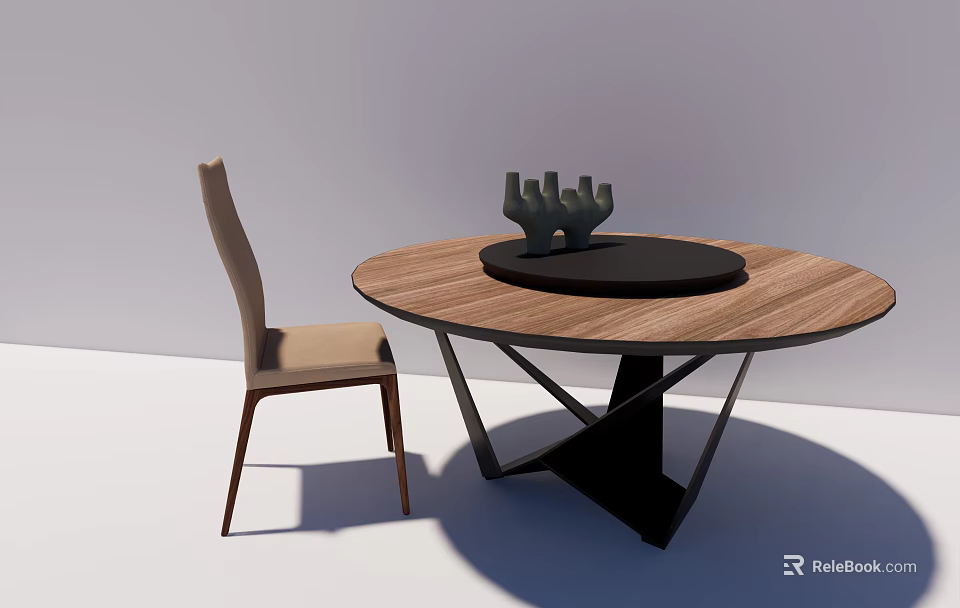 Round Wooden Dining Table Set With Beige Chair Black Tray And Sculpture Decor 3d model 
