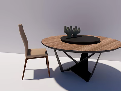 Round Wooden Dining Table Set With Beige Chair Black Tray And Sculpture Decor 3d model