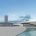 Modern Commercial Complex With White Curved Structure And Green Lawn Plaza
