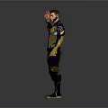 Man In Futuristic Yellow And Blue Outfit With Knee Pads Raising Hand Against Gray Background