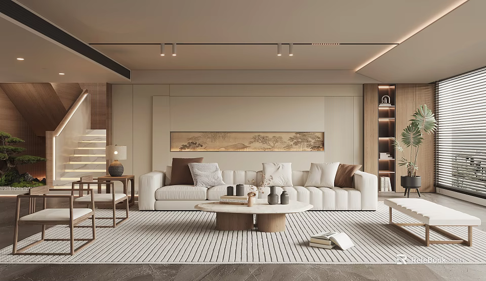 Modern Living Room Interior With White Sofa Striped Rug Coffee Table And Decorative Painting 3d model 