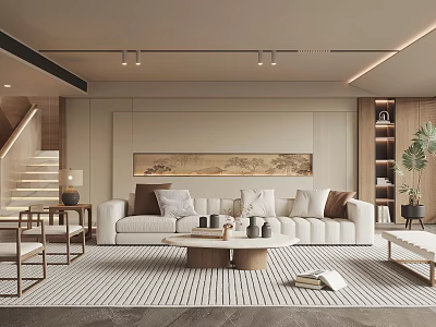 Modern Living Room Interior With White Sofa Striped Rug Coffee Table And Decorative Painting 3d model