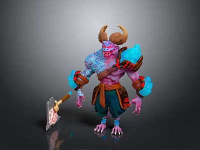 Horned Demon Creature With Muscular Body Blue Glowing Arms Purple Skin And Axe 3d model