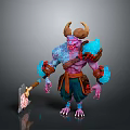 Horned Demon Creature With Muscular Body Blue Glowing Arms Purple Skin And Axe