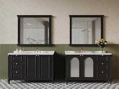 Bathroom Interior With Double Black Vanity Mirrors Sinks Green Tiles And Flowers 3d model