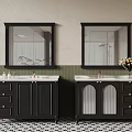 Bathroom Interior With Double Black Vanity Mirrors Sinks Green Tiles And Flowers