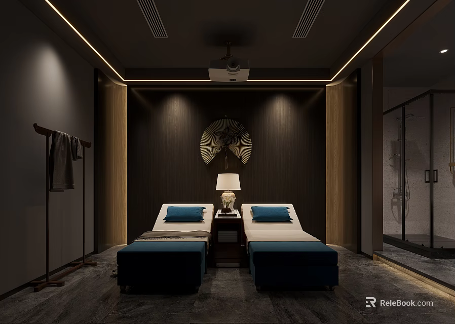 SPA Sauna Interior With Two Beds Blue Cushions Table Lamp And Wooden Decor 3d model 
