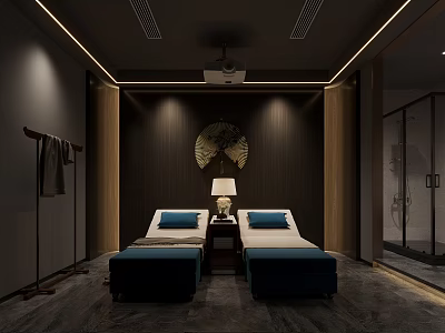 SPA Sauna Interior With Two Beds Blue Cushions Table Lamp And Wooden Decor 3d model