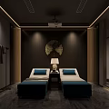 SPA Sauna Interior With Two Beds Blue Cushions Table Lamp And Wooden Decor
