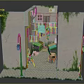 Cartoon Courtyard Scene With Green Vines On Walls Street Lamps Brick Floor And Tables