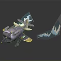 Purple Airplane Model Featuring Yellow Details White Smoke Decorations on Dark Background with Reflection