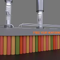 MI Retail Store With Silver Cylindrical Structures Top Lights And Colorful Strip Decorations