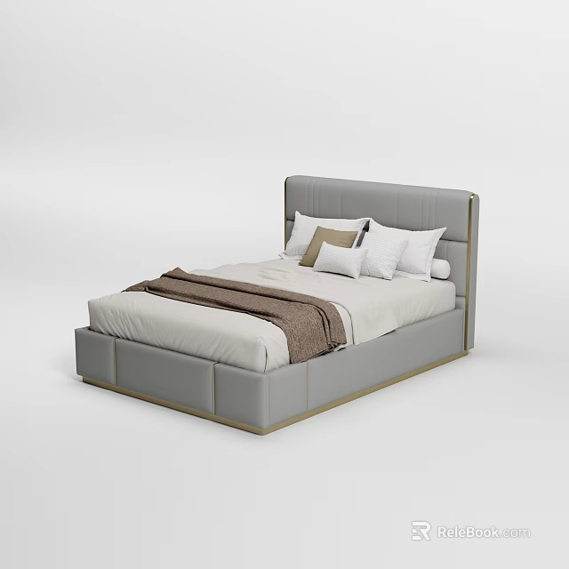 Modern Double Bed With Grey Padded Headboard White Sheets And Brown Blanket 3d model