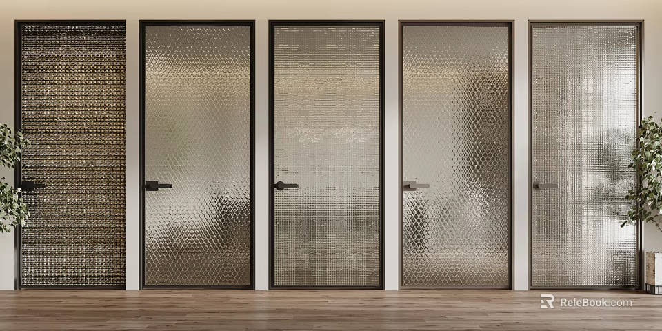 Contemporary Textured Glass Doors With Black Frames In Modern Interior Setting 3d model