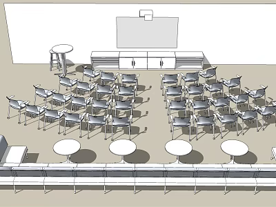 Office Chairs Arrangement In Meeting Room With Podium Screen And Round Tables 3d model