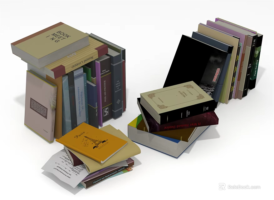 Various Colored Books And Magazines With Different Thicknesses Stacked Tilted And Diverse Cover Designs 3d model 
