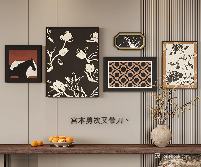 Abstract Paintings with Floral and Geometric Patterns in Various Frames on Wall 3d model