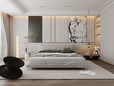 Modern Bedroom Minimalist Bedroom Double Bed Green Plant Leisure Chair Master Bedroom Bed Floor Lamp Cream Bedroom Jewelry Ornaments 3d model