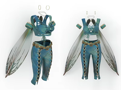 Elven Fairy Character Costume With Transparent Wings And Blue Embroidered Outfit 3d model