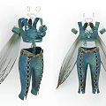 Elven Fairy Character Costume With Transparent Wings And Blue Embroidered Outfit