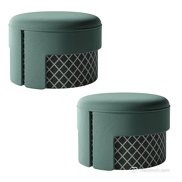 Two Green Upholstered Round Sofa Stools With Diamond Lattice Design Details 3d model