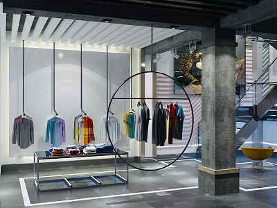 Modern Clothing Store Interior With Hanging Clothes Display Rack And Trendy Apparel 3d model