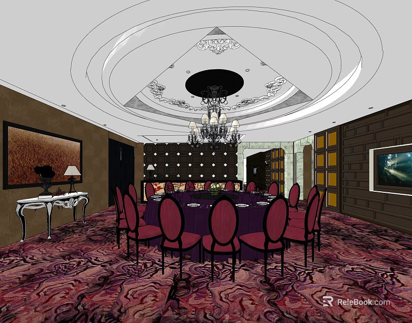 Luxurious Private Dining Room With Round Dining Table Red Chairs And Chandelier Decorative Painting 3d model 