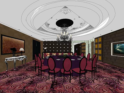 Luxurious Private Dining Room With Round Dining Table Red Chairs And Chandelier Decorative Painting 3d model