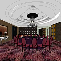 Luxurious Private Dining Room With Round Dining Table Red Chairs And Chandelier Decorative Painting