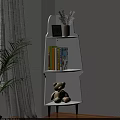 White Entryway Side Cabinet Multilayer Shelf with Photo Frame Books Teddy Bear and Green Plant