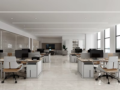 Modern Public Office Area With Open Layout Desks Computers Office Chairs And Windows 3d model