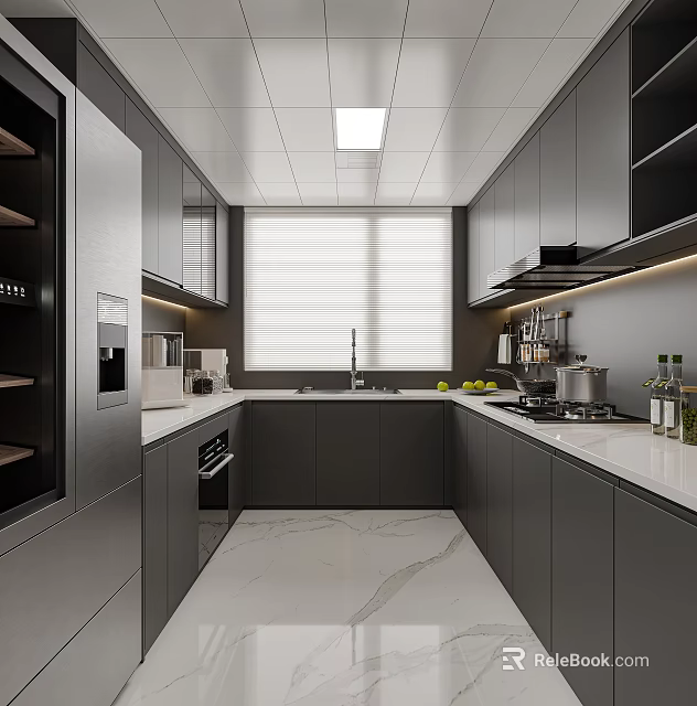 Modern Kitchen Interior Design With Gray Cabinets White Countertops Window And Appliances 3d model 