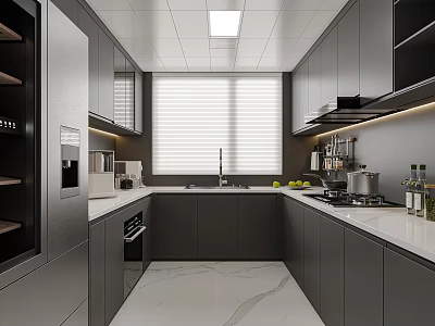 Modern Kitchen Interior Design With Gray Cabinets White Countertops Window And Appliances 3d model