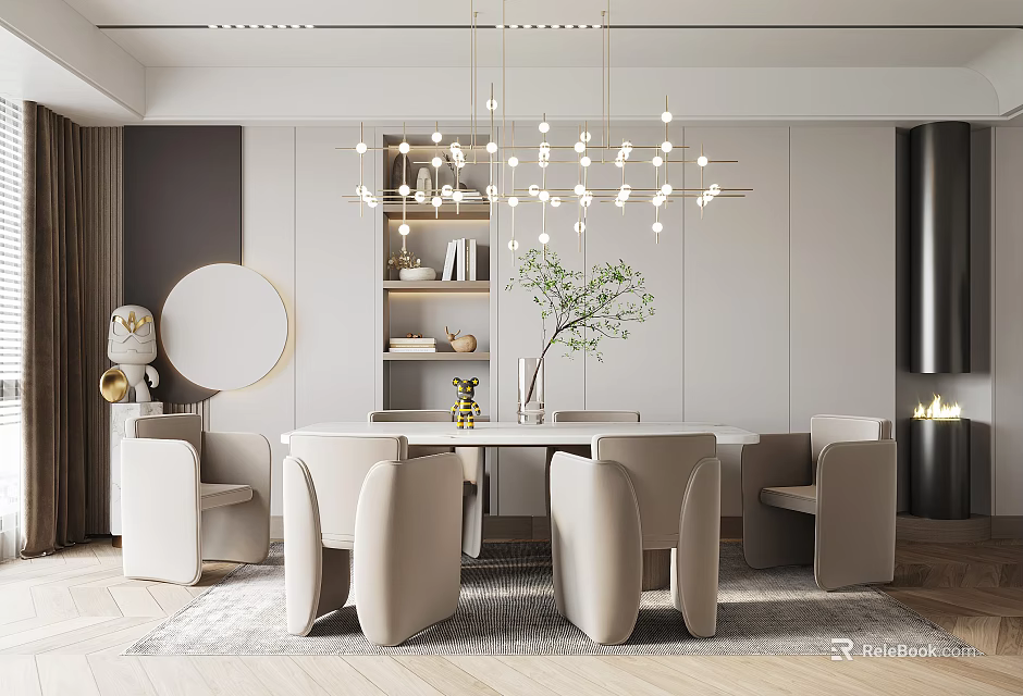 Modern Restaurant Interior Design With Dining Table Chairs Pendant Lights And Decorative Plant 3d model 