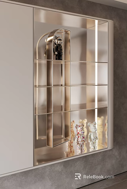 Sleek Modern Decorative Cabinet With Metal Frame Transparent Shelves Displaying Decorative Ornaments And Figurines 3d model 