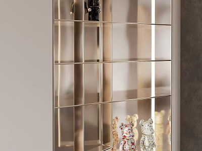 Sleek Modern Decorative Cabinet With Metal Frame Transparent Shelves Displaying Decorative Ornaments And Figurines 3d model