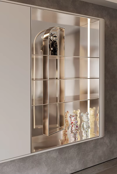 Sleek Modern Decorative Cabinet With Metal Frame Transparent Shelves Displaying Decorative Ornaments And Figurines 3d model