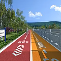 Colorful Bicycle Lane With Arrow Markings Guardrails And Green Plants Along Road