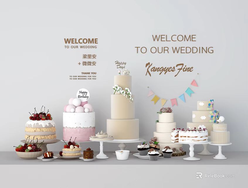 Delicious Assorted Wedding Desserts With Layered Cakes Fresh Fruit And Decorative Flags 3d model 