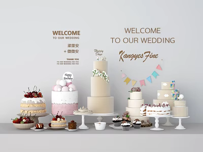 Delicious Assorted Wedding Desserts With Layered Cakes Fresh Fruit And Decorative Flags 3d model