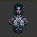 Fantasy Elf Character With Green Braided Hair Purple Skin Pointed Ears And Ornate Silver Armor Bust