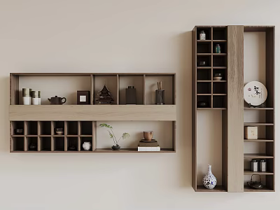 Chinese Style Bogu Shelf with Multiple Compartments Displaying Antiques Tea Sets and Books 3d model